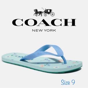 NWT: Size 9; Coach Zak Floral Flip Flops; Light Teal; Floral Print